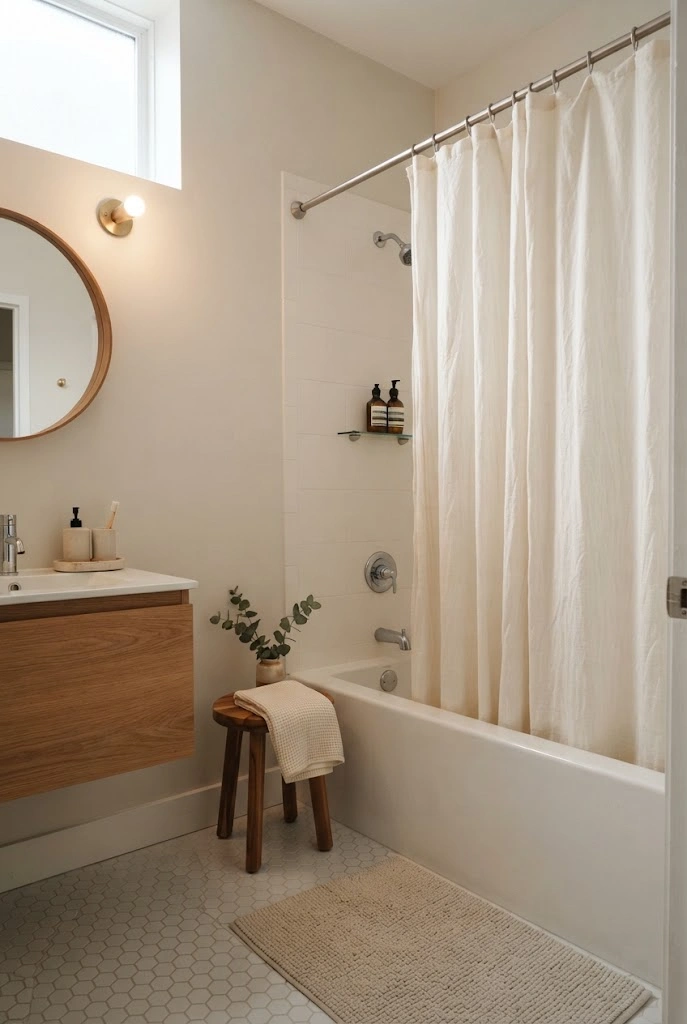 Compact bathroom with a textured ivory shower curtain, white tub, and warm wood accents.