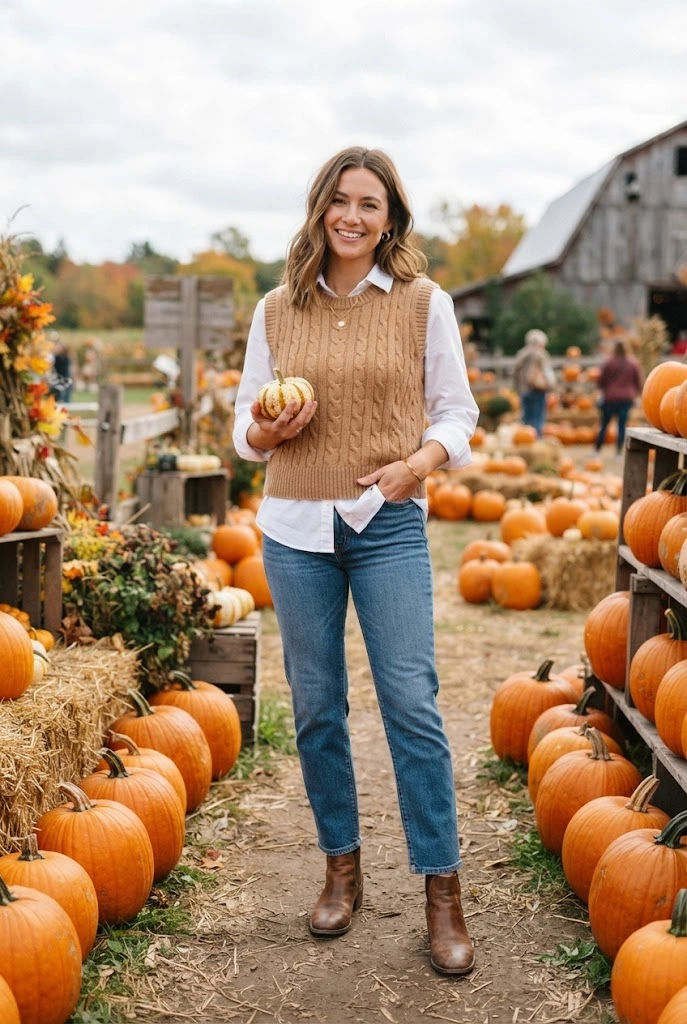Camel sweater vest over a white button-down with jeans and brown boots.