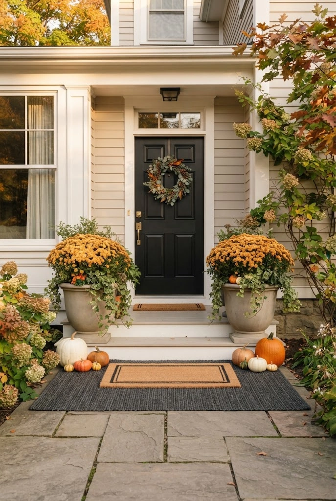 Black front door framed by matching golden mums, pumpkins, and layered autumn doormats.