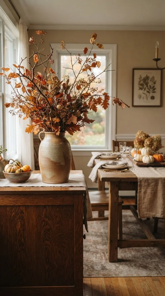 Thanksgiving dining room with autumn branches and dried foliage in a ceramic vase.