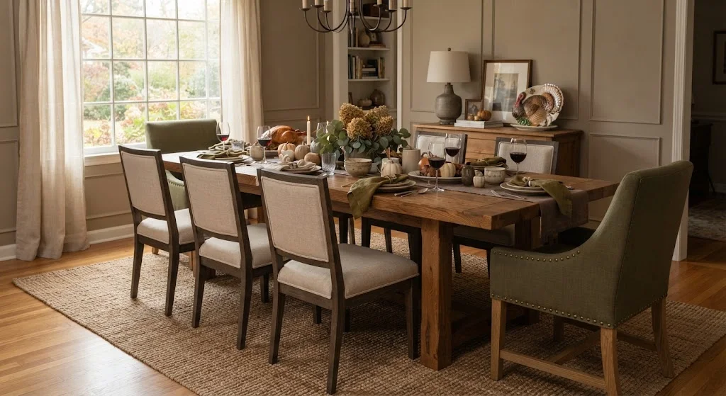 Thanksgiving dining room with textured upholstered chairs around a warm wood table.