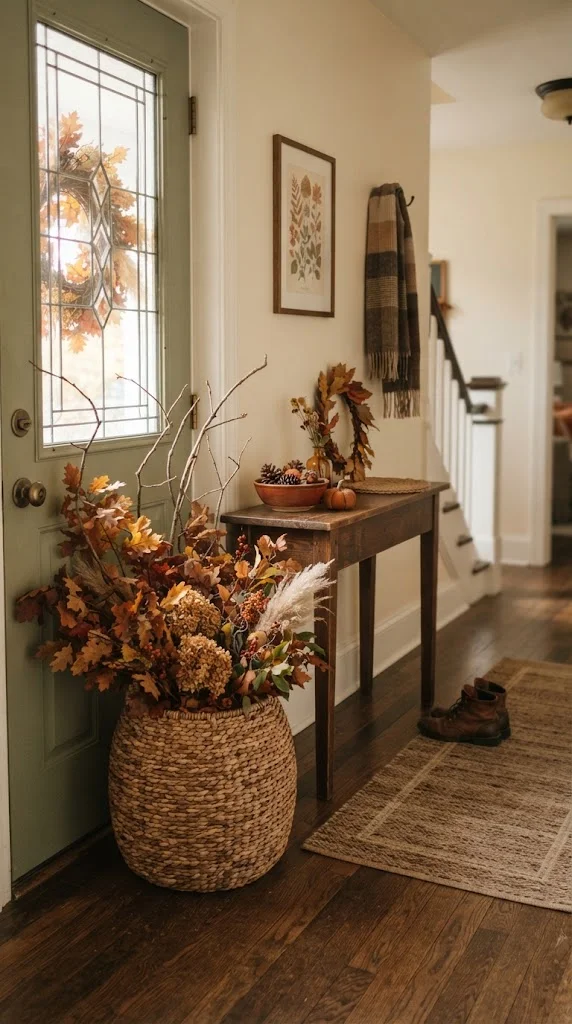 Thanksgiving entryway decorated with a woven basket filled with tall autumn branches.