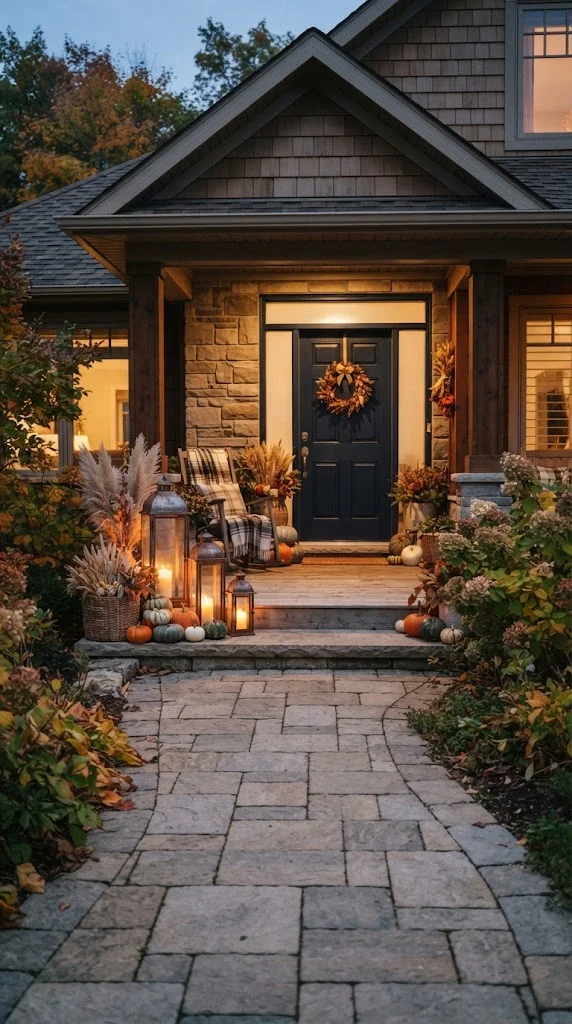 Thanksgiving front porch with lanterns, pumpkins, dried grasses, and a welcoming walkway.