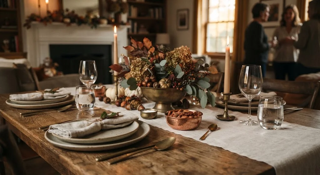 Thanksgiving table with warm copper and aged brass accents, cream linen, wood, and autumn foliage.