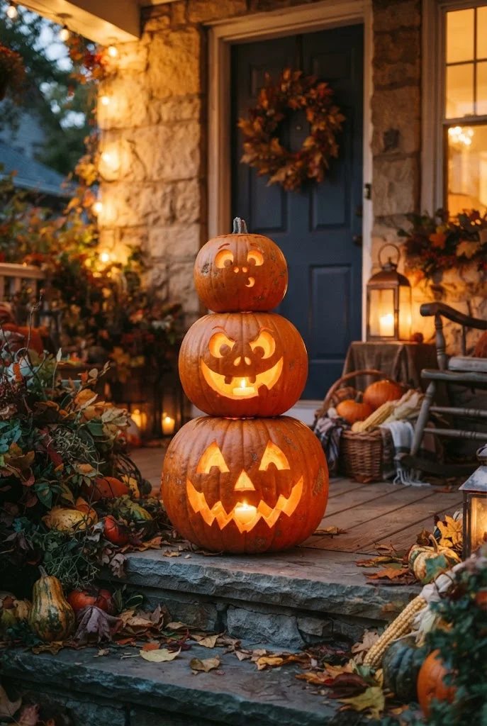 Three stacked carved pumpkins forming a glowing Halloween monster.
