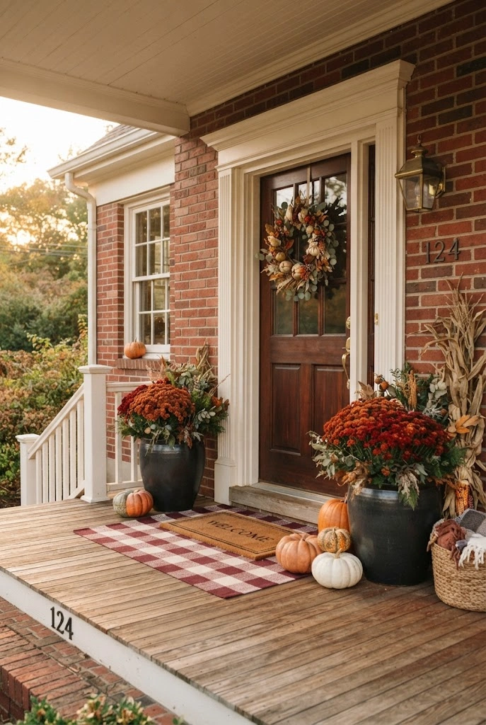 Traditional brick porch with red and orange mums, plaid layered doormat, wreath, and pumpkins.