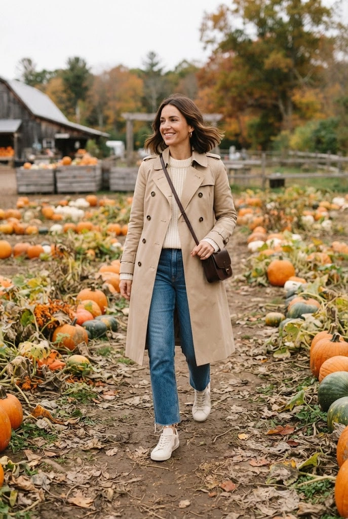 Beige trench coat styled with a sweater, jeans, and sneakers at a pumpkin patch.