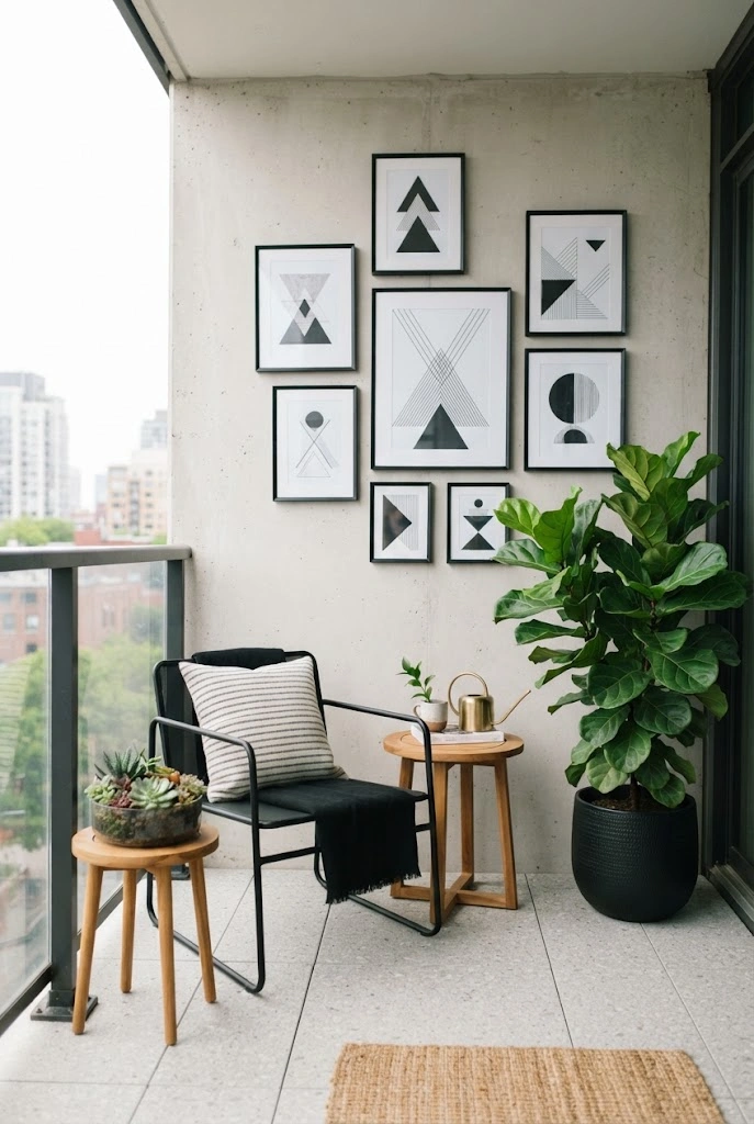 Modern balcony with black-and-white geometric wall decor and greenery.