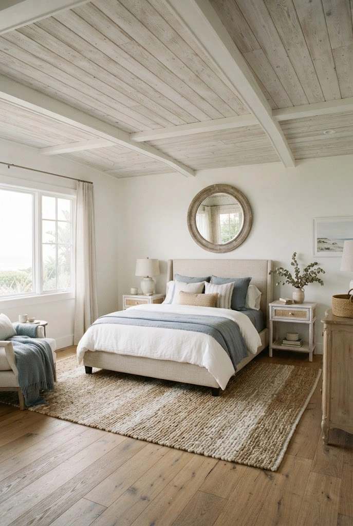 Airy coastal bedroom with a subtle whitewashed wood-plank ceiling and linen bedding.