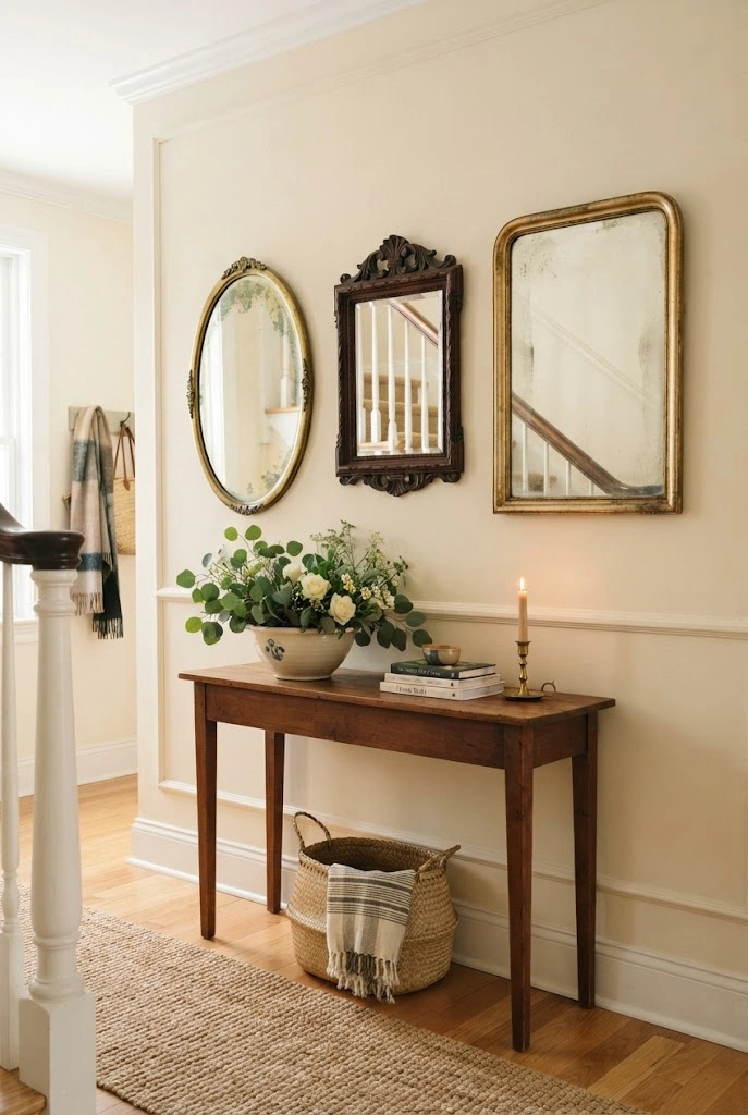 Three mismatched vintage mirrors arranged above a narrow entryway console.