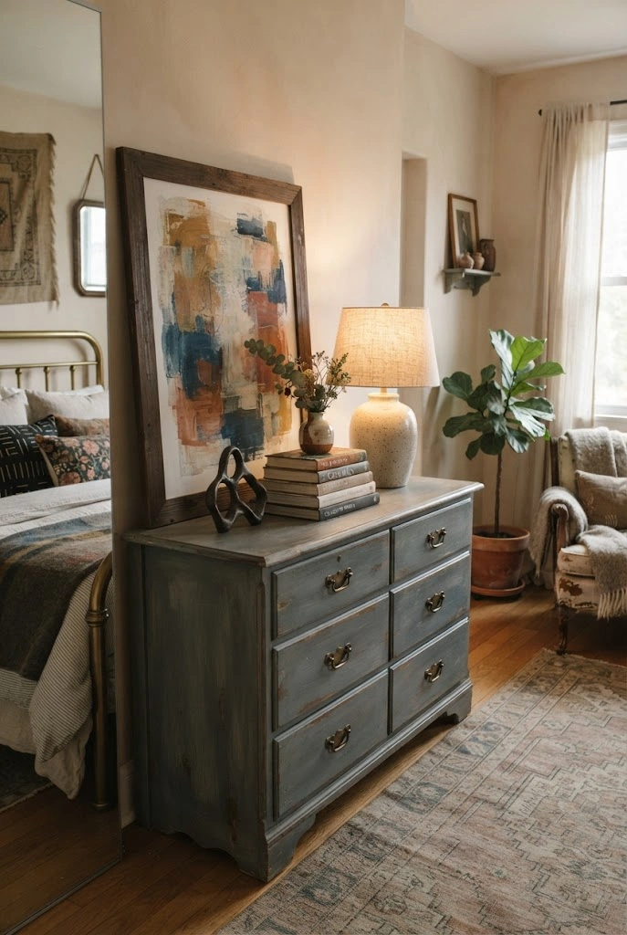 Vintage dresser styled with artwork, books, ceramics, and a lamp in an eclectic bedroom.