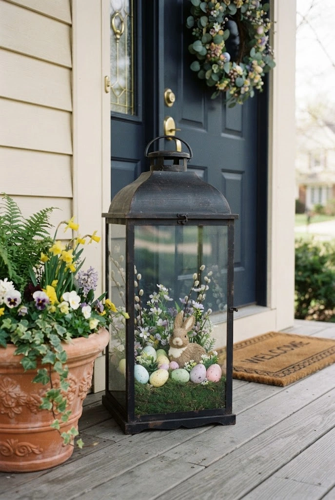 Outdoor lantern filled with Easter eggs, moss, greenery, and a bunny accent.