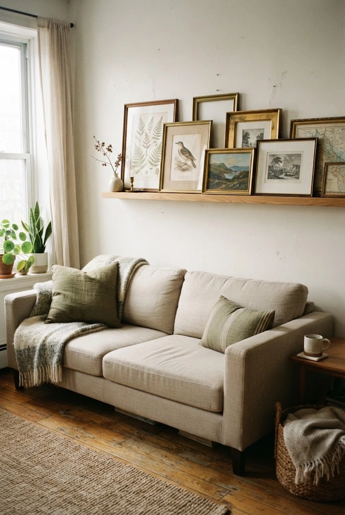 Narrow picture ledge layered with vintage paintings, botanical prints, and ceramic decor.