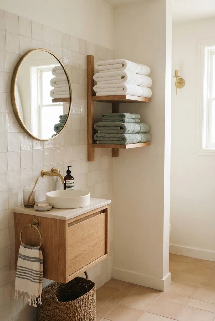 White and sage towels neatly displayed on a wall-mounted rack in a small bathroom.