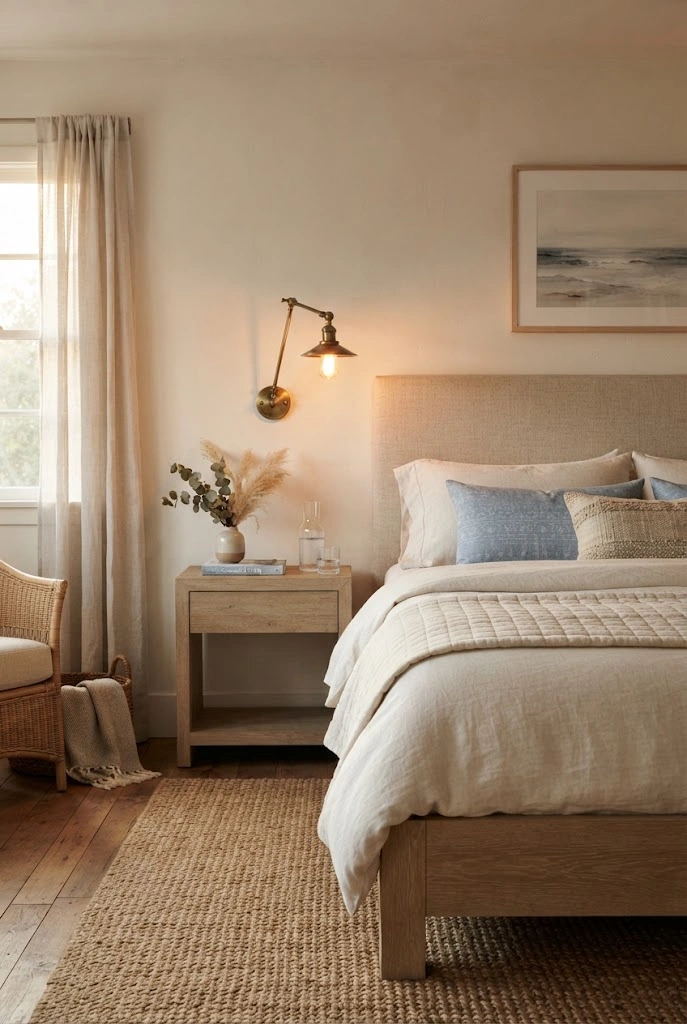 Coastal bedroom with aged-brass bedside sconces, ivory bedding, pale wood, and blue accents.