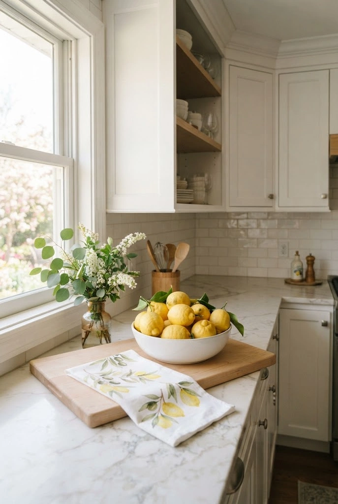 Spring kitchen with fresh lemons, greenery, white cabinetry, and natural wood accents.