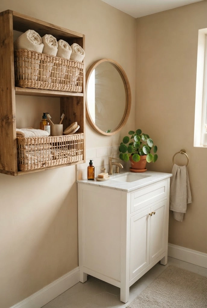 Small bathroom with matching woven storage baskets, folded towels, and open shelving.