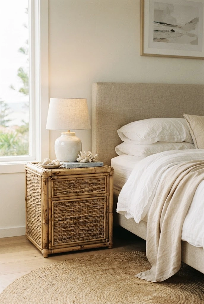 Rattan bedside table beside a white linen bed in a softly styled coastal bedroom.