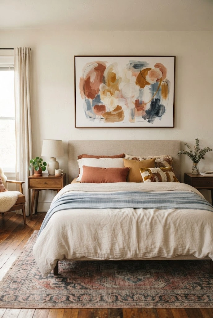 Oversized multicolor artwork creates a focal point above the bed in an eclectic bedroom.