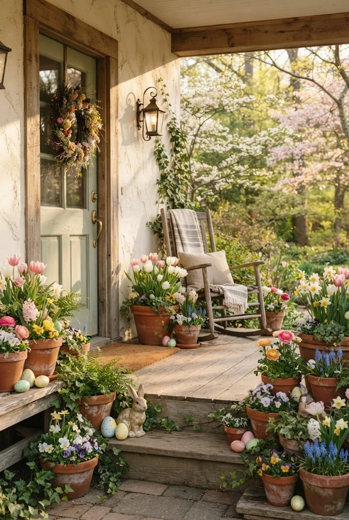 Terracotta spring planters with Easter eggs and a bunny near a front entry.