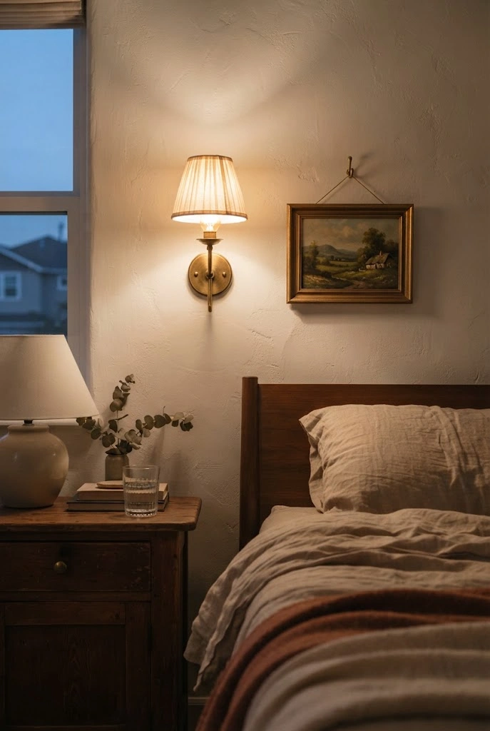 Aged brass wall sconce beside vintage landscape artwork in a cozy bedroom.
