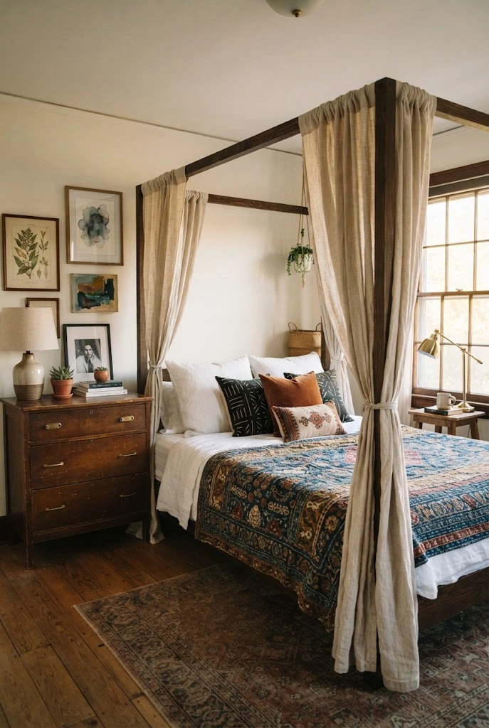 Dark wood canopy bed with linen curtains and layered eclectic bedding.