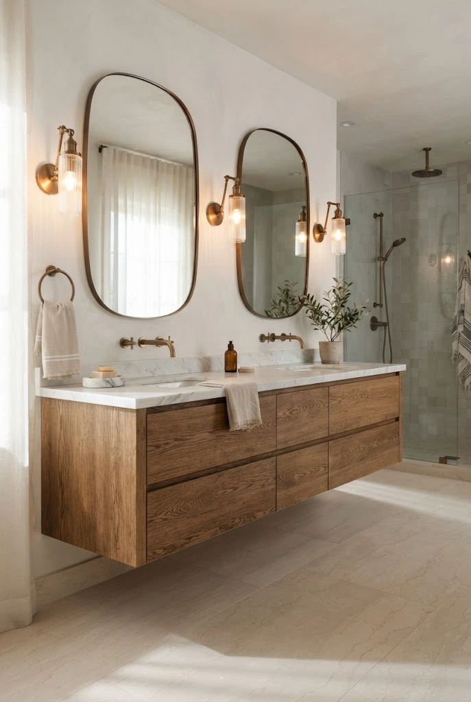 Floating oak double vanity with visible floor beneath it in a warm luxury master bathroom.