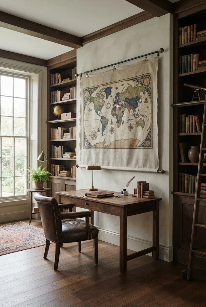 Large vintage-style fabric map panel hanging behind a walnut desk in a home library.