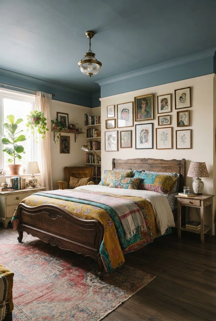 Eclectic bedroom with a dusty-blue painted ceiling and warm layered decor.
