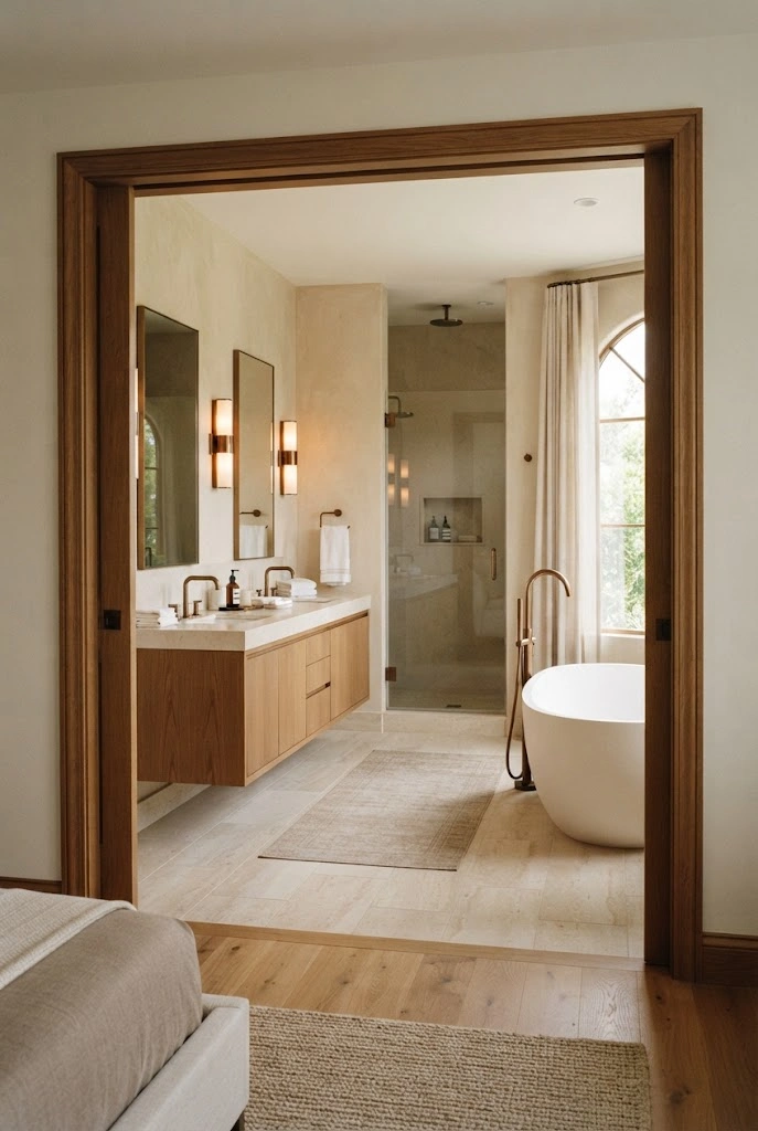 Luxury master bathroom accessed through a space-saving pocket door with a clear circulation path.