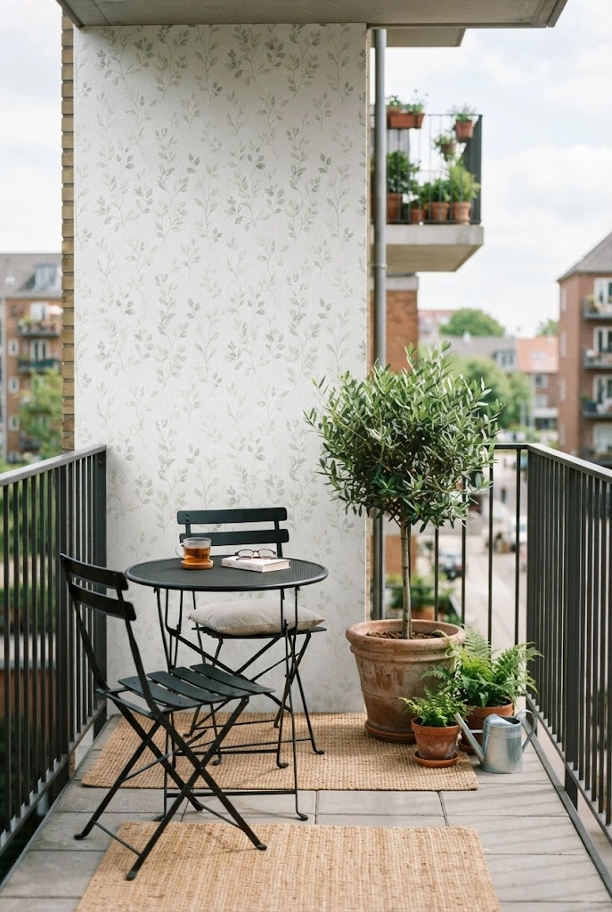Small balcony with a botanical patterned accent wall and compact furniture.