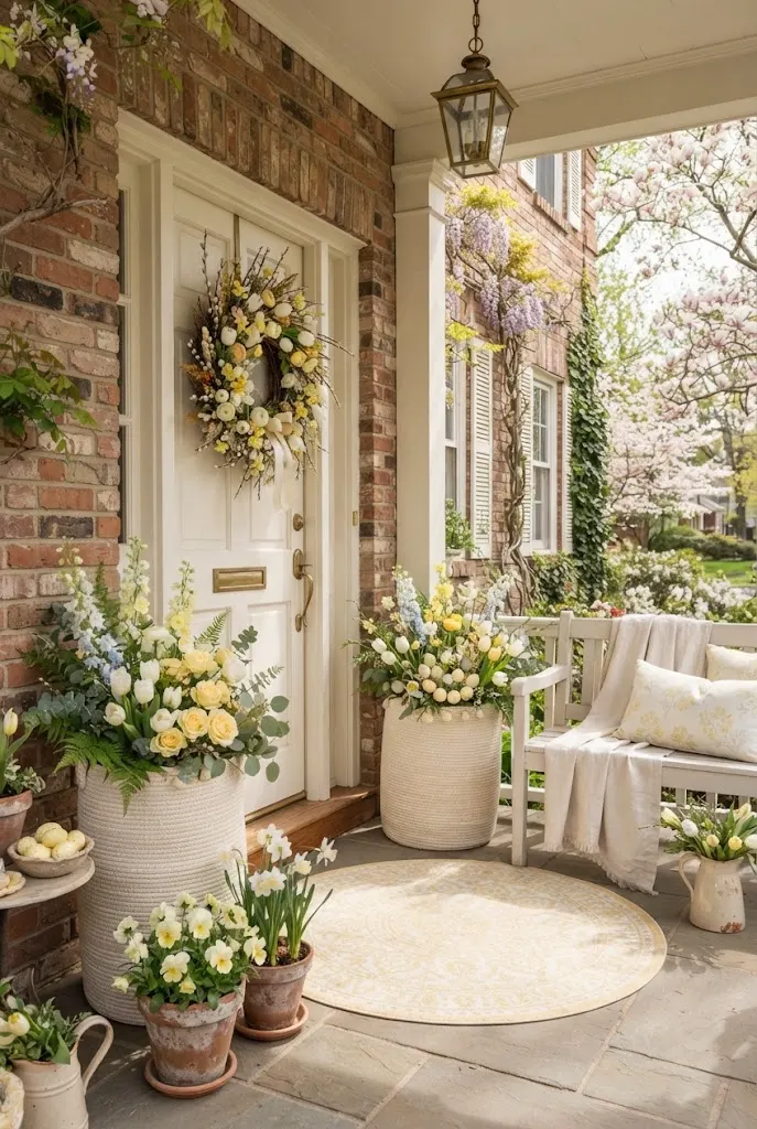 Yellow and white Easter decorations with tulips and baskets on a porch.