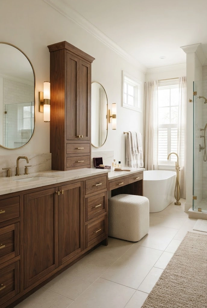Custom split-level bathroom vanity combining two sinks with a lower grooming station.