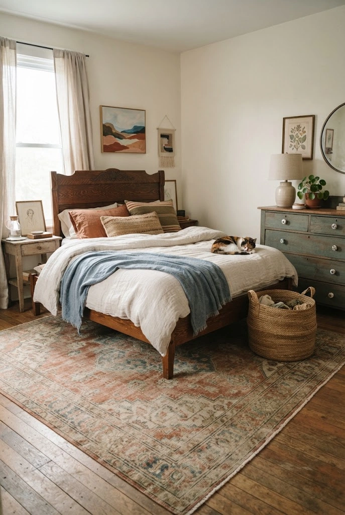Vintage patterned rug connecting terracotta, blue, olive, and cream accents in an eclectic bedroom.