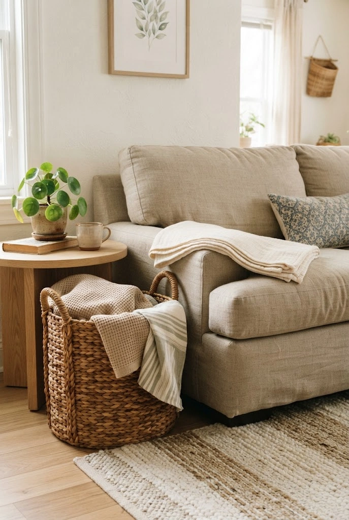 Natural woven basket holding a lightweight throw beside a spring-ready sofa.