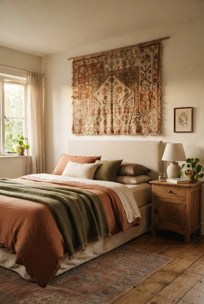 Large vintage woven tapestry with faded botanical motifs above a neutral upholstered bed.
