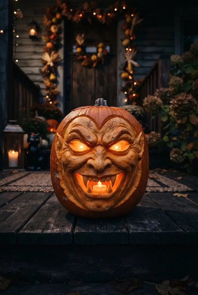 Vampire-inspired pumpkin with glowing eyes and sharp fangs.