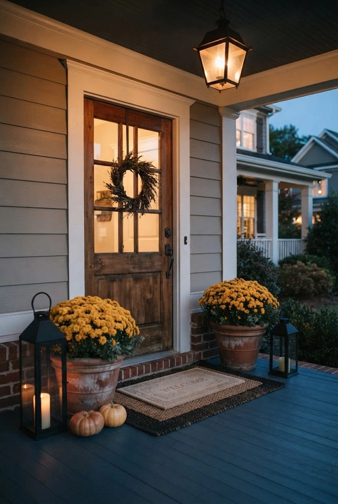 Cozy autumn porch with yellow mums, black lanterns, pumpkins, and layered doormats at dusk.