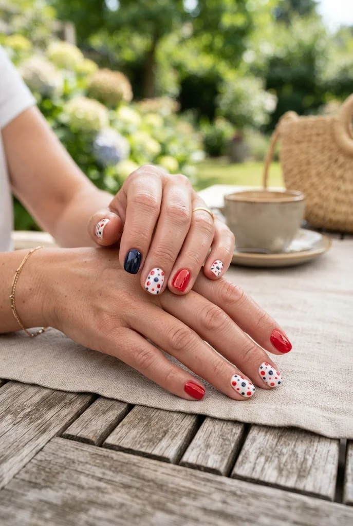 White Fourth of July nails with playful red and navy polka dots.