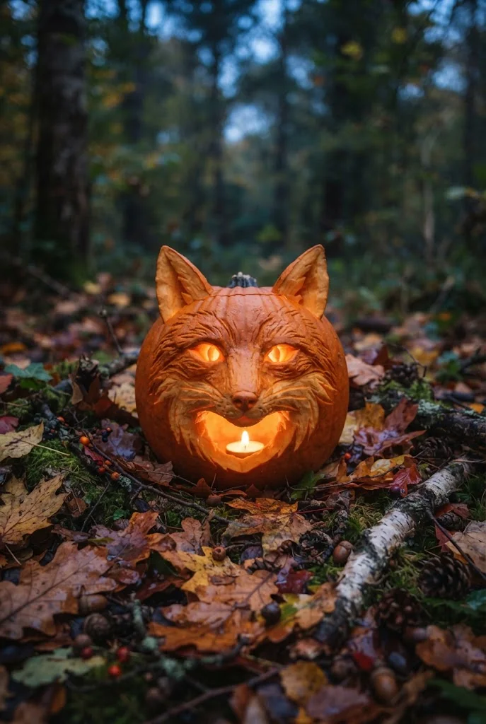 Woodland fox pumpkin carving surrounded by autumn leaves.