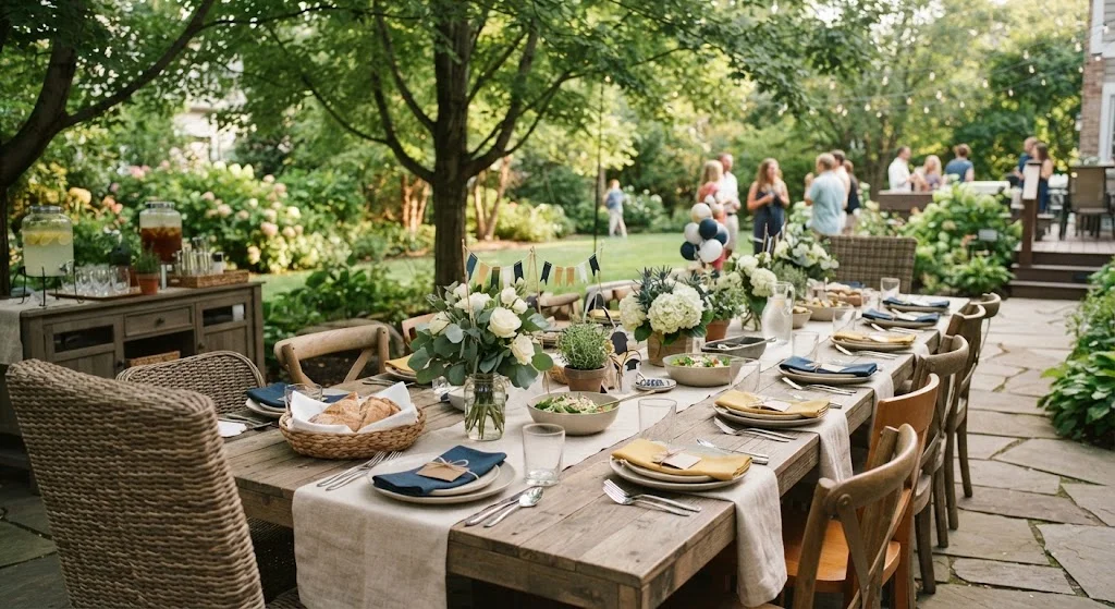 Long outdoor dining table decorated with linen, flowers, dinnerware, and graduation accents.